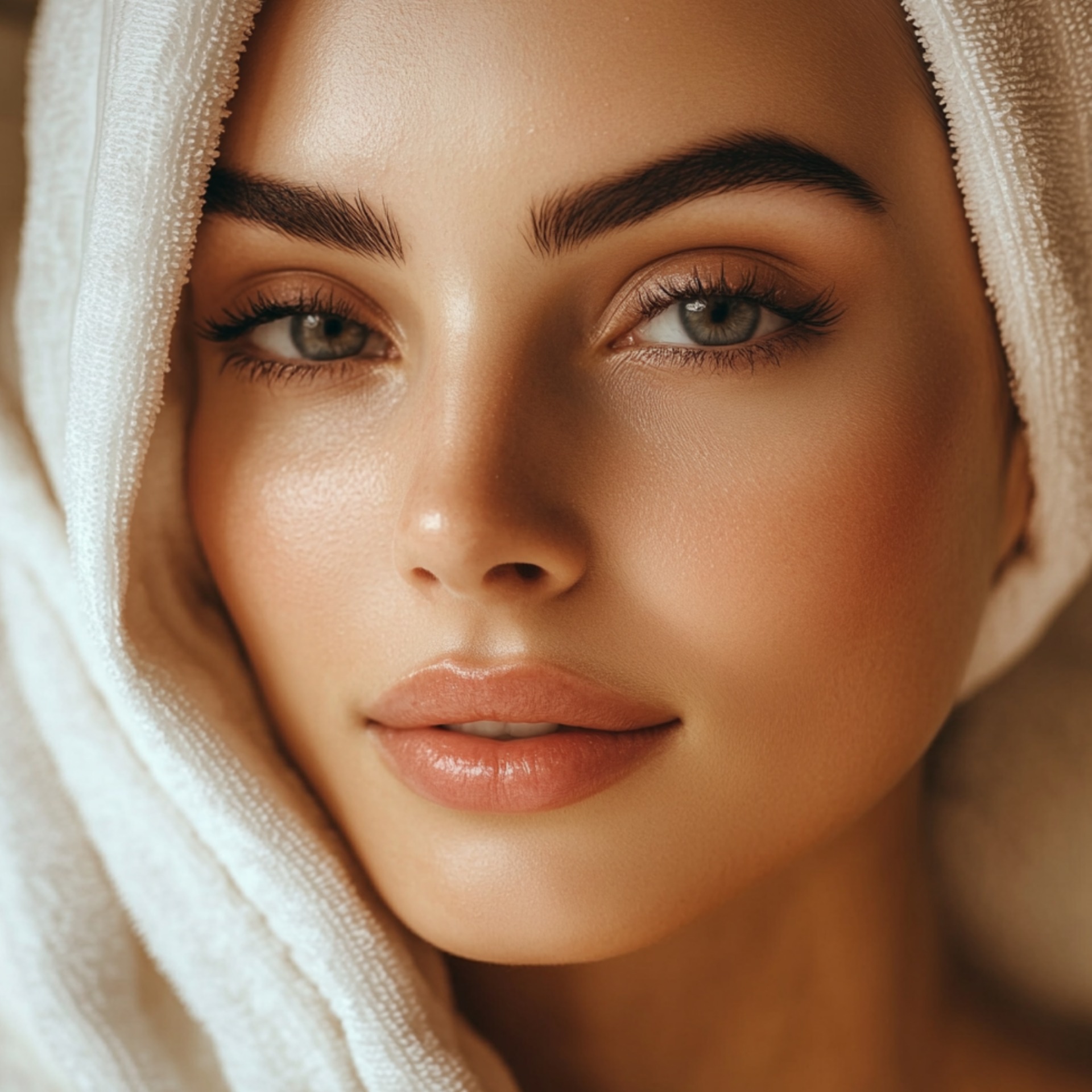 Woman with clear skin towel on head wellness